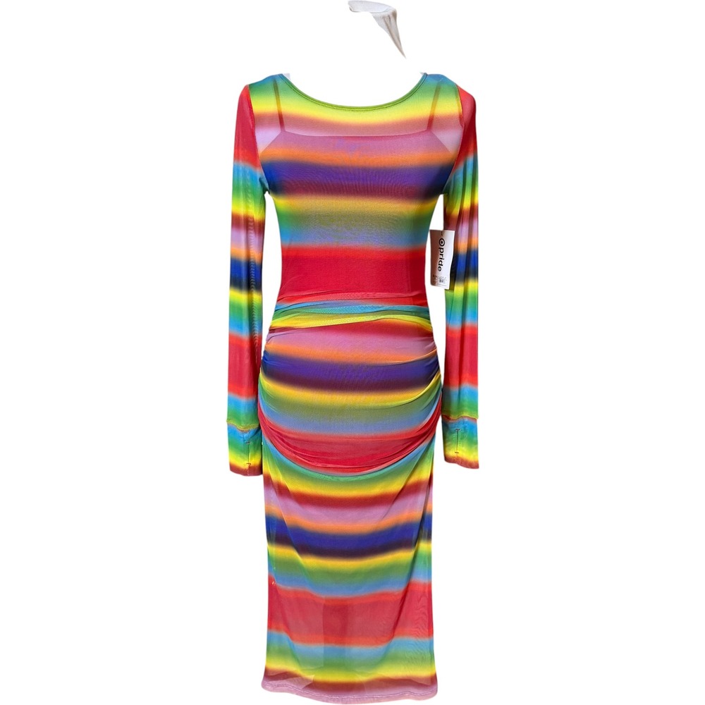 Pride Mesh Midi Dress Womens Medium Rainbow Striped Ruched Bodycon Long Sleeve